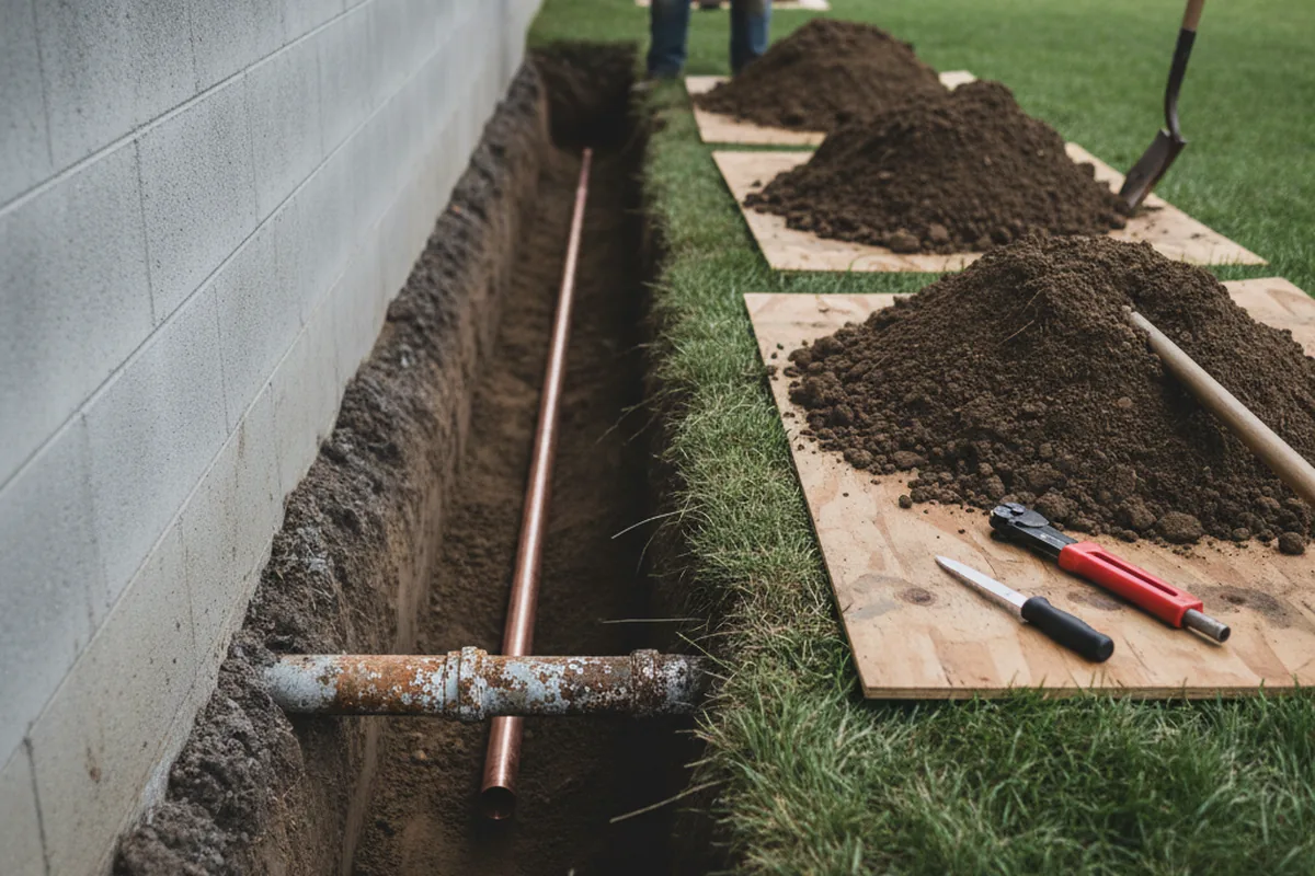 Excavated water line trench during Water Heater Repair in Arcata